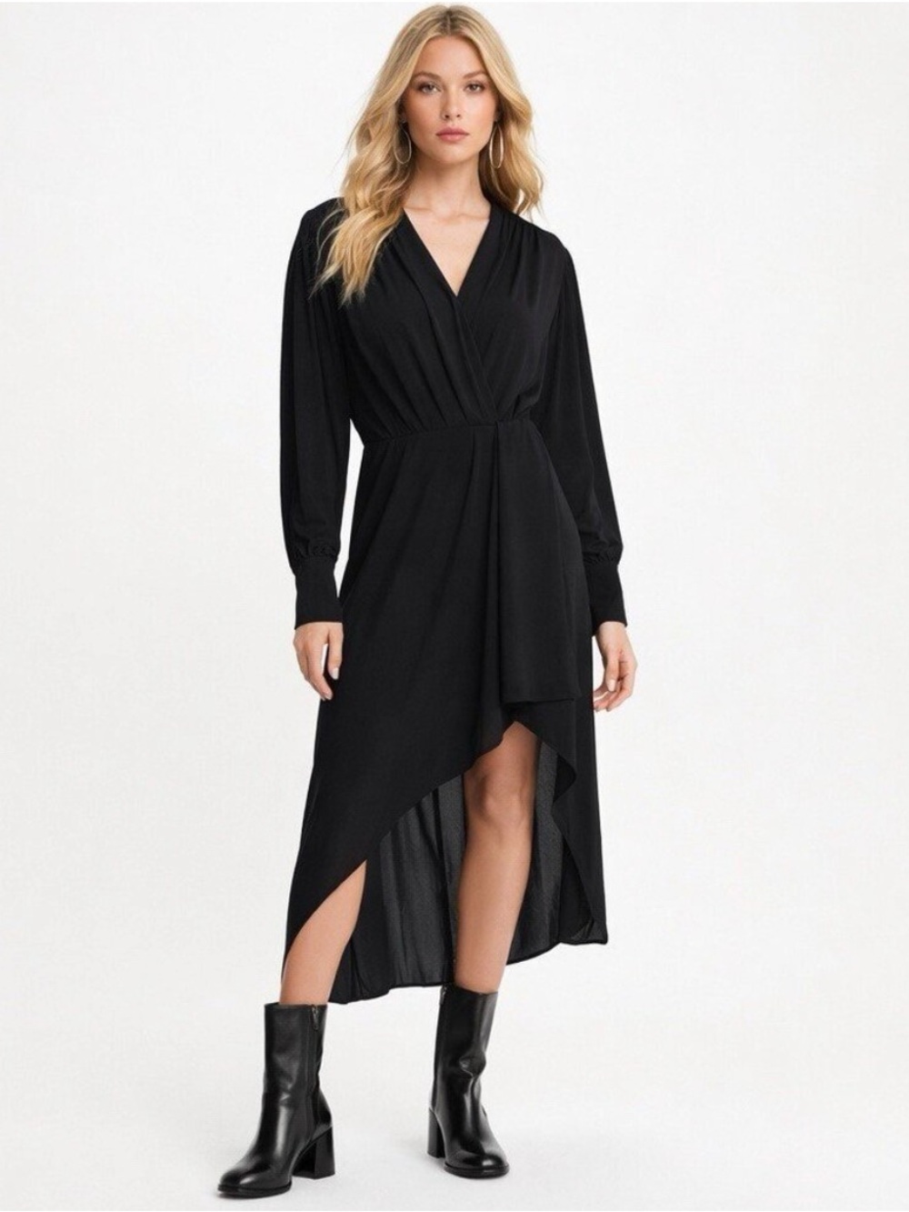 NWT The Kooples "Plain Luxury" Black Viscose/Silk Long-Sleeve Wrap Maxi Dress 8